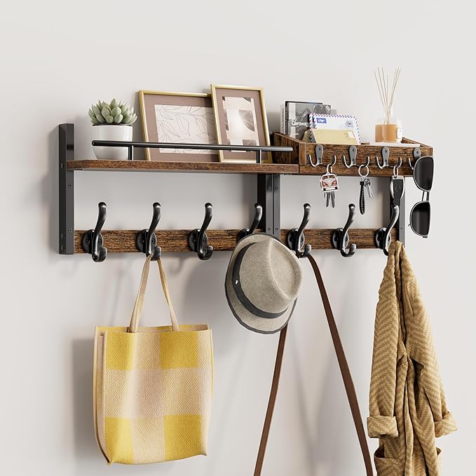 29 inch Coat Rack Wall Mount with Shelf, Set of 2 Entryway Wall Shelf with Hooks, Heavy Duty Coat Hanger Wall Mount with Key 