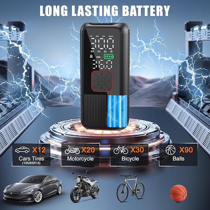 Tire Inflator Portable Air Compressor, 150PSI Smart Air Pump for Car Tires with Digital Tire Pressure Gauge, Portable Tire Inflator for Car, Motorcycle, Bike, Ball and More