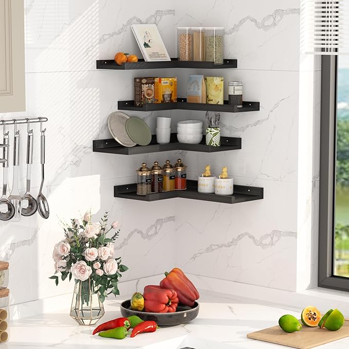 4-Tier Black Corner Floating Shelves Wall Mounted - Floating Shelves with Lip, Solid Pine Wooden Corner Wall Shelf for Wall D