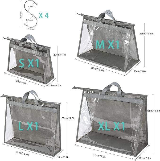 CINPIUK 4 Pack Handbag Dust Bags Clear Purse Storage Organizer for Closet, Zipper Hanging Storage Bag for Handbags, Grey