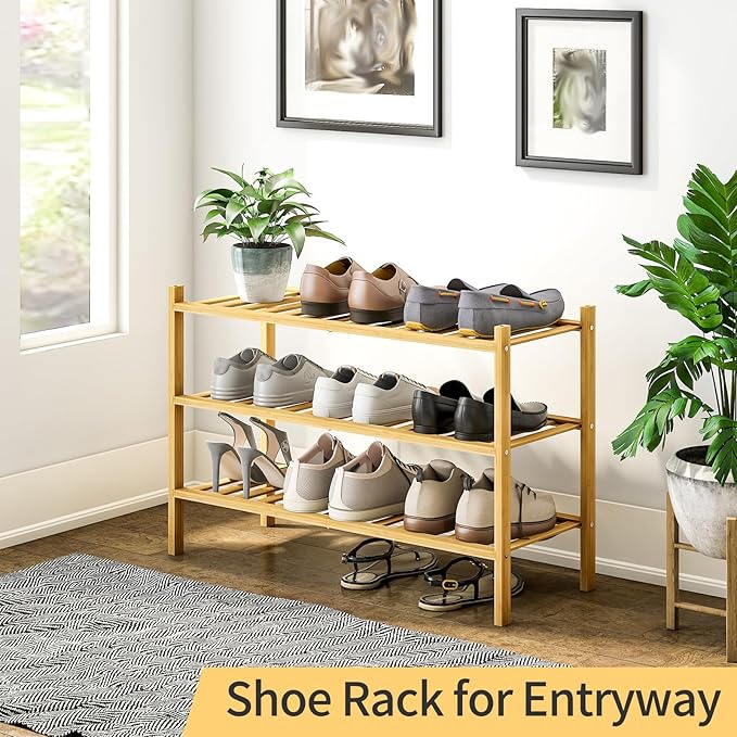 3-Tier Bamboo Shoe Rack for Entryway, Stackable | Heavy Duty | Multi-Function, Free Standing Shoe Racks for Bedroom Hallway C