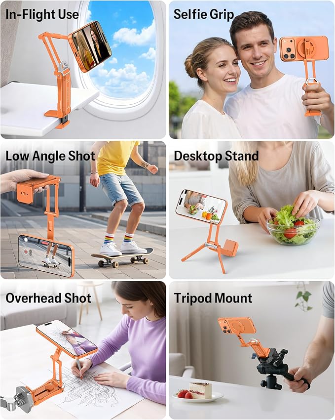OMOTON TP02-Pro Magnetic Phone Holder for Vlogging, Content Creator Essentials with 1/4" Screw, Arca, Strong Back Magnet for Gym, Adjustable Phone Stand & Selfie Stick for iPhone 12-17 Series, Orange