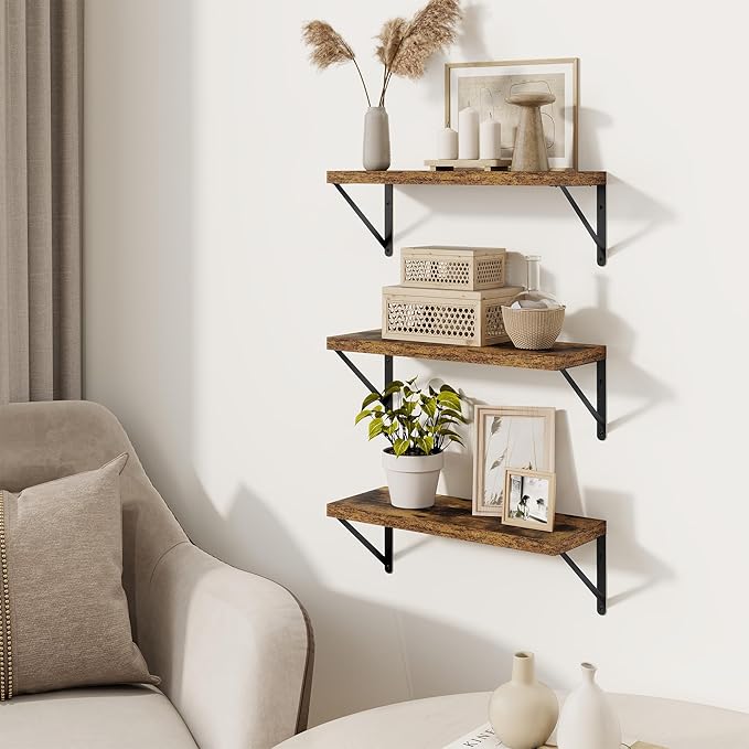 Floating Shelves, Wall Book Shelf with Brackets, 16 inch Wall Shelves Set of 3, Particle Board Wooden Shelf for Kitchen, Bath
