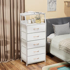Furnulem White Dresser with 5 Drawers, Vertical Storage Tower Fabric Dresser for Bedroom, Hallway, Entryway, Nursery, Closet 