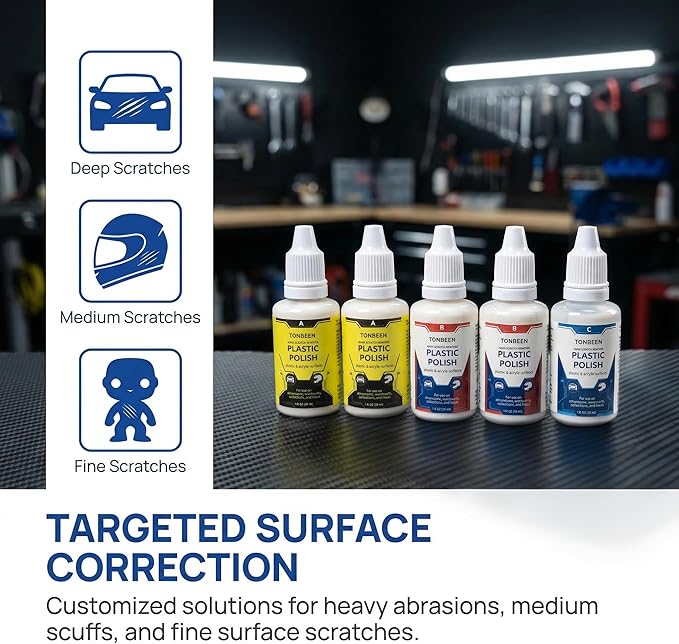 Plastic Scratch Remover & Polish Kit, 3-Level Plastic Restorer for Light to Heavy Scratches, Improves Clarity on Headlight Covers, Acrylic, Plexiglass & Plastic Surfaces, 5-Piece Set (150ml Total)