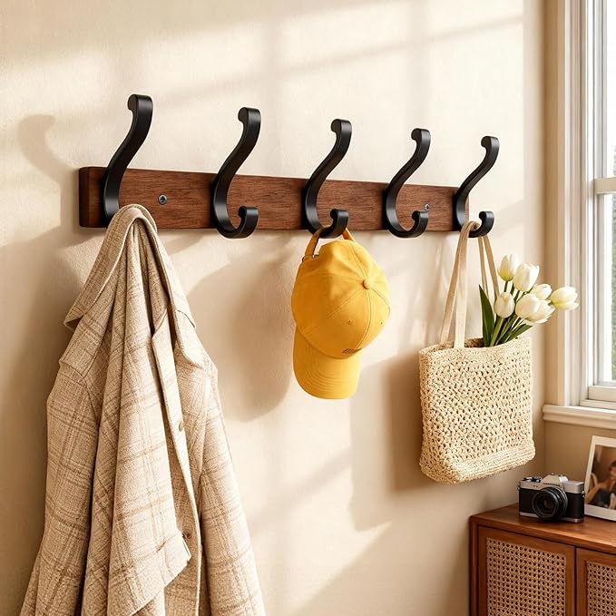Solid Wood Wall Mounted Coat Rack, Heavy Duty 5 Hook Wooden Hanger with Metal Hooks for Hanging Hats, Coats, Towels, Backpack