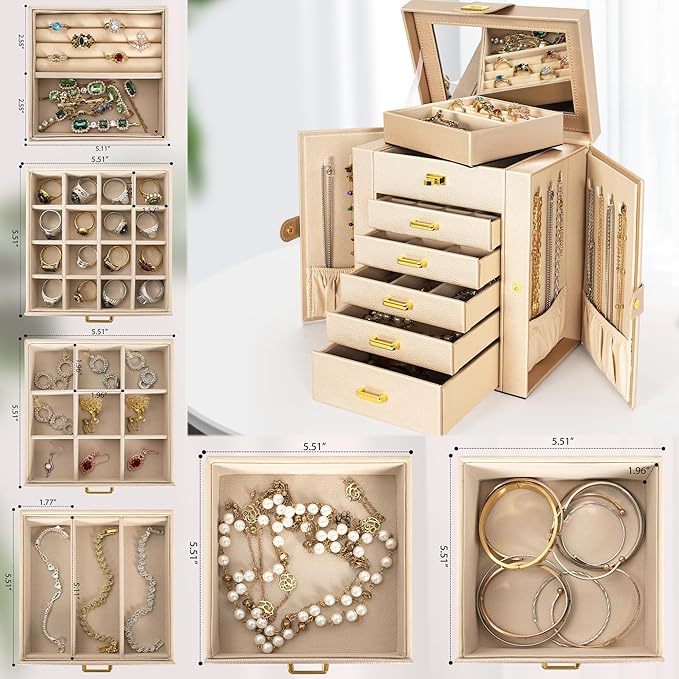 AKOZLIN 6-Tier Jewelry Box Organizer Functional Leather Jewelry Storage Case for Women Girls Ring Necklace Earring Bracelet H