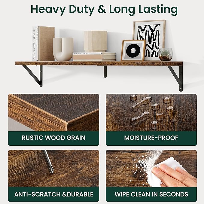 Floating Shelves, 8 Inch Deep Rustic Wood Wall Storage, 48W x 8D Wall Shelves Set of 2, Heavy Duty Metal Brackets, Industrial