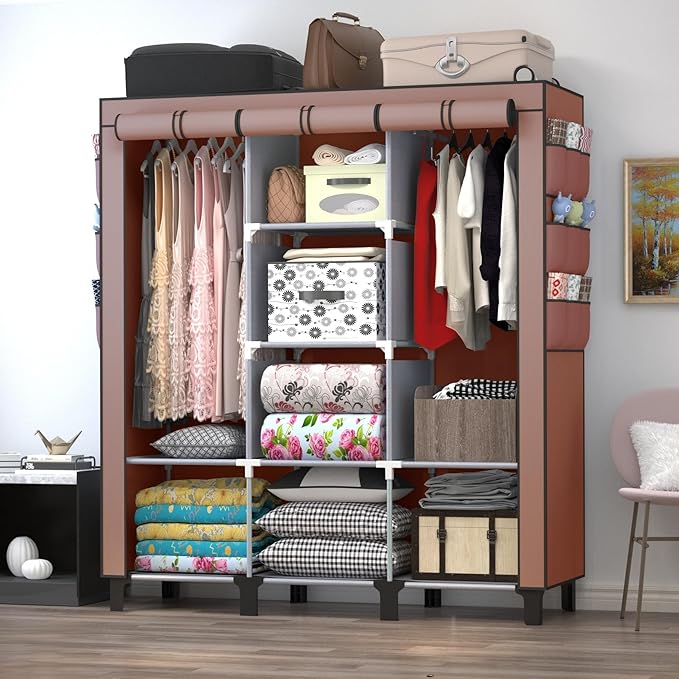 Portable Wardrobe with 10 Storage Racks and 2 Hanging Poles 6 Side Pockets Fleece Cover, Size 130 x 45 x 172 cm, Bedroom Clos