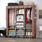 Portable Wardrobe with 10 Storage Racks and 2 Hanging Poles 6 Side Pockets Fleece Cover, Size 130 x 45 x 172 cm, Bedroom Clos