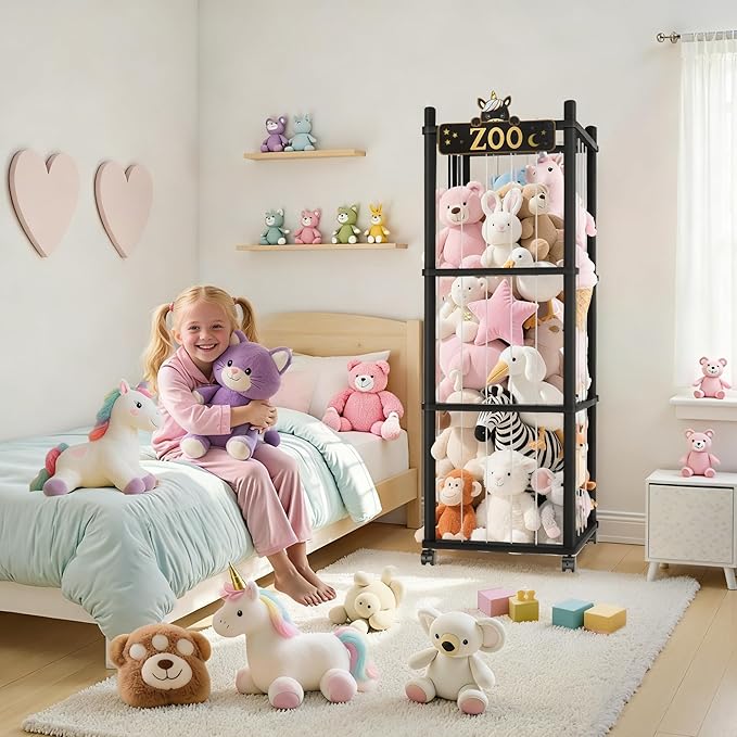 Stuffed Animal Storage Zoo Tower,56In Wooden Large Stuffed Animal Holder Organizer with Wheels,Stuffy Plushies Storage with E