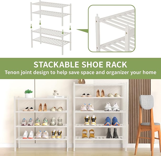 ROMGUAR CRAFT 4 Tier Bamboo Shoe Rack for Closet Free Standing Wood Shoe Shelf for Entryway Small Space Stackable 27"x11"x26"