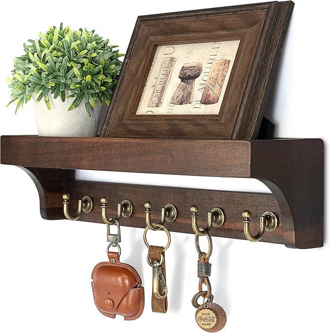 Rebee Vision Acacia Wood Key Holder Wall Mount for Room Decor – Rustic Key Holder for Wall with Shelf for Displaying Plants –