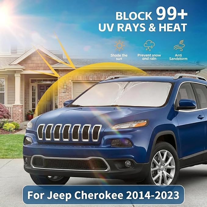 Windshield Sun Shade for Jeep Cherokee 2014-2023 Accessories 4-Layer 240T Front Window Shade Custom Fit Cherokee Sun Visor Foldable Shade Blocks UV Rays