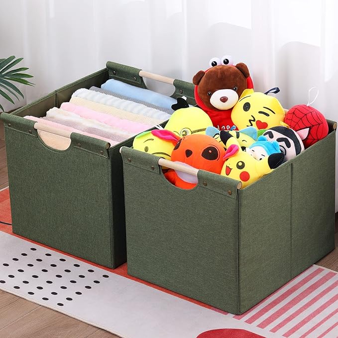 HOONEX Large Collapsible Storage Bins, Linen Fabric, Pack of 2, Storage Baskets with Wooden Carry Handles and Sturdy Heavy Ca