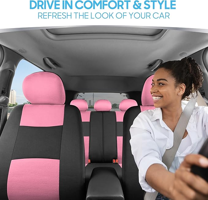 BDK PolyPro Car Seat Covers Full Set in Pink on Black – Front and Rear Split Bench Seat Covers for Cars, Easy to Install Car 