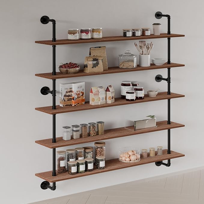 Floating Shelves for Wall Bookshelf Industrial Pipe Shelving Shelves 48 Inch 5 Tier Natural Wood Planks Rustic Wall Shelves H