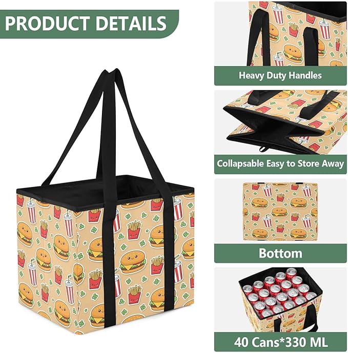 Kawaii Fast Food Reusable Grocery Bags Large Shopping Tote Bag with Reinforced Bottom Board, Water Resistant Foldable Storage