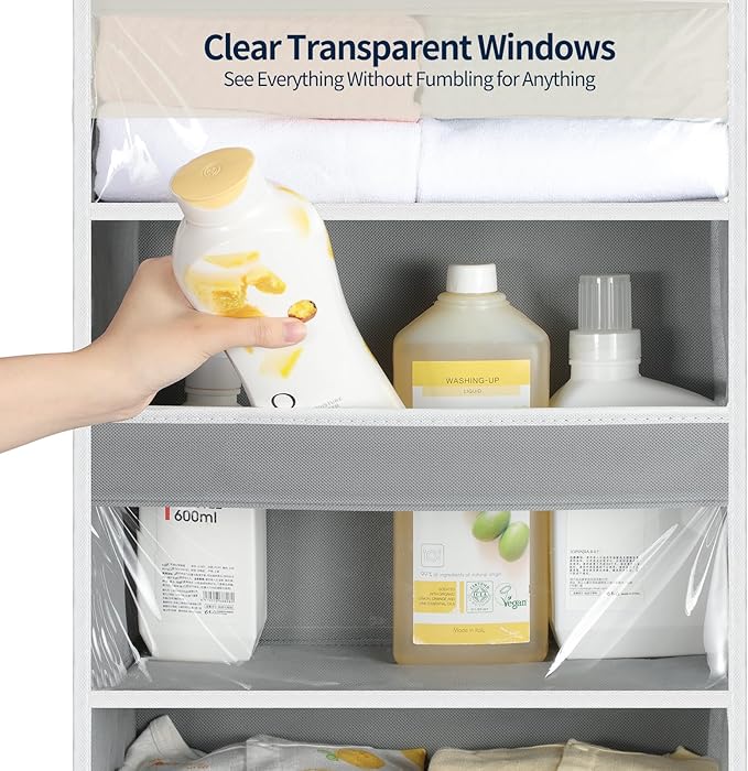Yecaye 5 Tier Clear Over the Door Organizer Hanging, 5 Large Plastic Pockets and 10 Side Pockets Back of Door Organizer, 56lb