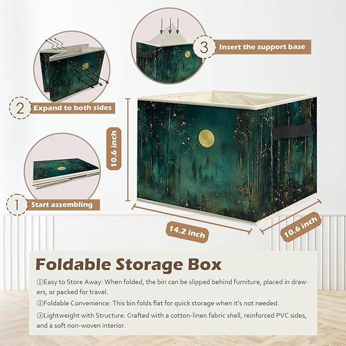 Dark Enchanted Forest Full Moon Storage Box Bins, Mystical Moonlit Night Forest Collapsible Storage Basket Organizer for Bedr