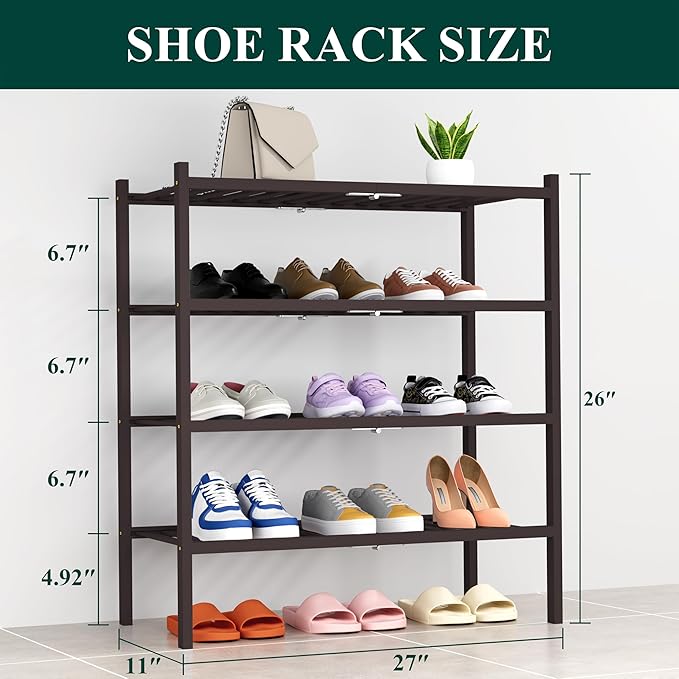 Smiry Shoe Rack, 4 Tier Thick Bamboo Shoe Organizer, Stackable Free Standing Wooden Shoe Storage Shelf for Closet, Entryway, 