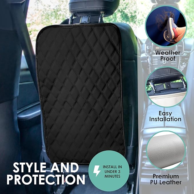 FH Group Faux Leather Auto Seat Back Kick Protectors –2 Pack Diamond Stitched Back Seat Protector for Driver and Passenger Se