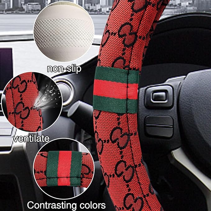 5PCS Steering Wheel Cover, with 2 Headrests, 2 Seat Belt Covers - Universal Fit for 14.5-15" Steering Wheel, Enhances Driving Experience - Perfect for Women (Red)