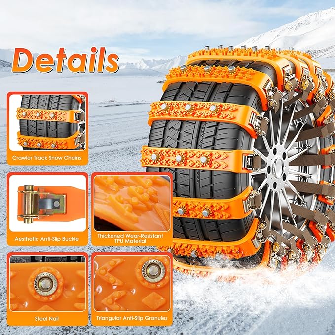 Fohil 8 Pack Snow Chains, Adjustable Portable Tire Chains for Car Truck SUV, Universal Thickened Emergency Snow Tyre Chains (