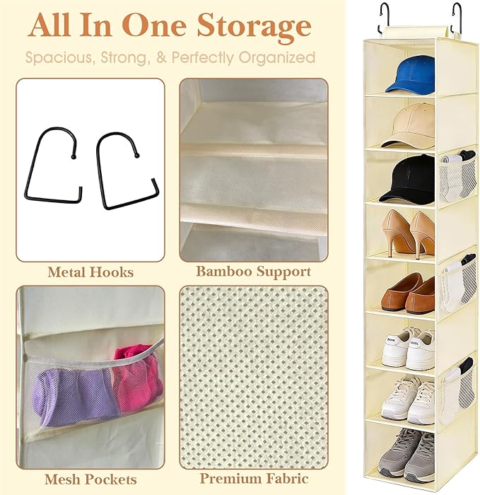 VERONLY Hanging Shoe Organizer for Closet with 8 Shelves,Mesh Pockets-Wider Hanging Shelves for Shoes,Clothes,Hats With Sturd