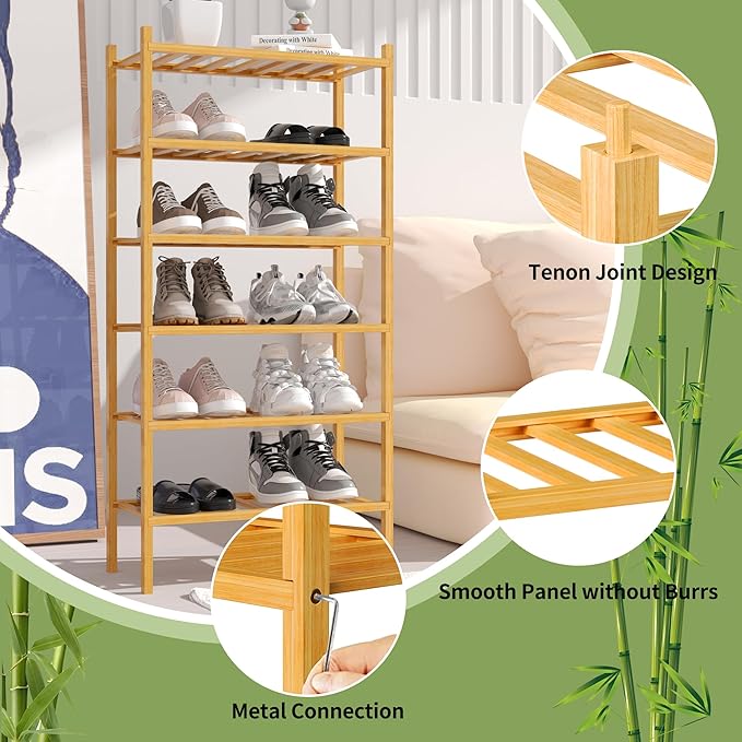 ROMGUAR CRAFT 6-Tier Bamboo Small Shoe Rack, Free Standing Wood Shoe Shelf Storage Organizer for Closet Entryway Stackable (N