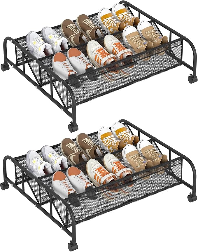 2 Tier Shoe Rack Underbed Organizer Storage Rack with Wheels Woven Mesh Cloth Shoe Organizer Drawer Space Saving for Bedroom 
