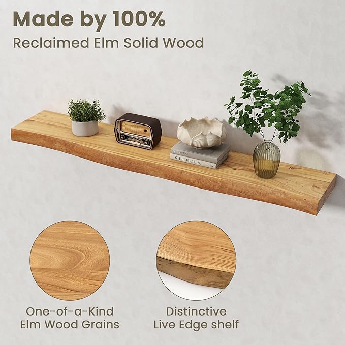 Fun Memories Floating Shelves for Wall Decor Set of 1-48 Inch Solid Elm Wood Live Edge - Rustic Natural Wall Shelves with Inv