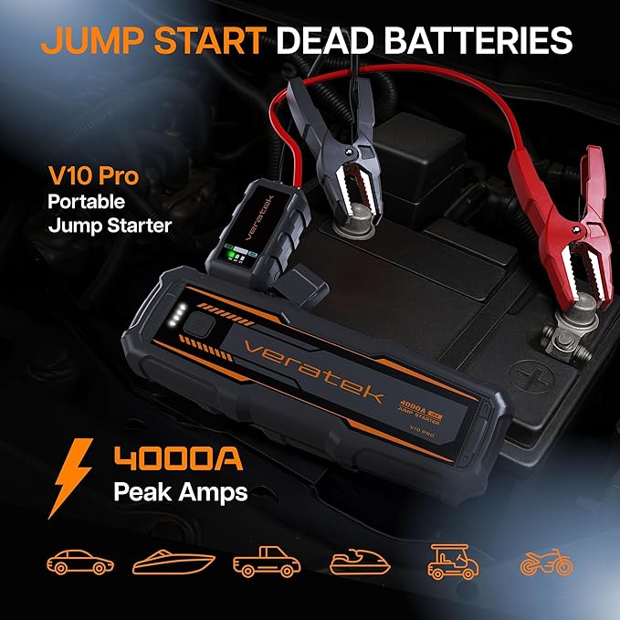 ReelCharge - Veratek V10 Pro 4000A Car Battery Jump Starter Portable (10.0L Gas & 8.0L Diesel) - 12V Lithium Battery Booster