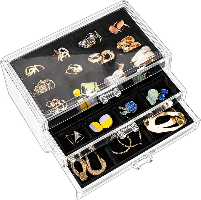 ProCase Earring Holder Organizer Jewelry Box with 3 Drawers, Acrylic Clear Earring Case with Adjustable Velvet Trays for Wome