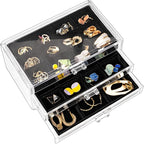 ProCase Earring Holder Organizer Jewelry Box with 3 Drawers, Acrylic Clear Earring Case with Adjustable Velvet Trays for Wome