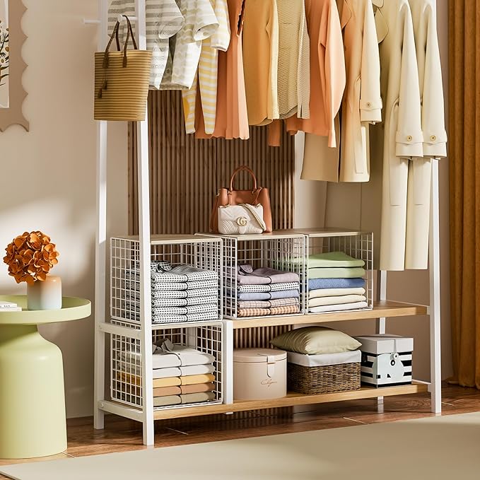 3PCS Stackable Closet Organizers and Storage, Closet Shelves with Wood Top Extra Storage, Clothes Storage Organizer Basket Bi