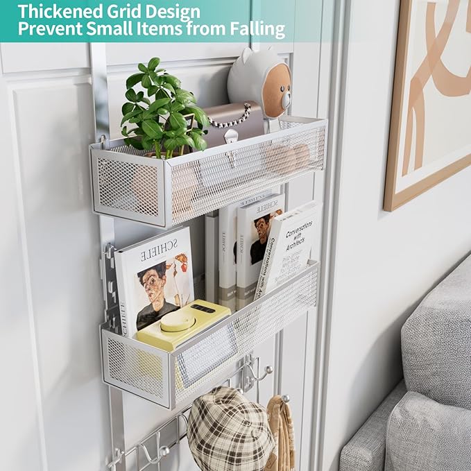 HapiRm Over The Door Hanger with Coat Hooks and 2 Baskets, Rustproof & Waterproof Over The Door Hooks, Storage Organizer for 