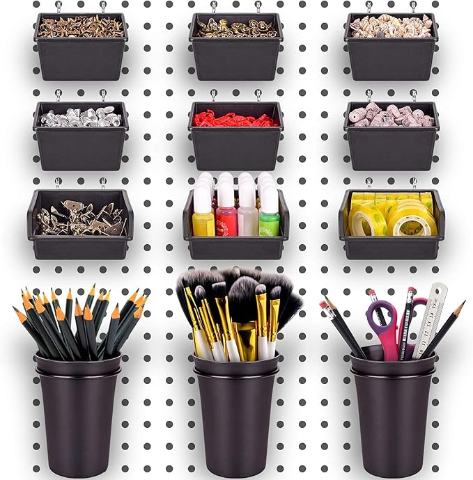 G.CORE 12 Pack Pegboard Bins PegBoard Cups with Hooks & Loops, Peg Board Hooks Assortment Organizer Accessory, Various Tools 