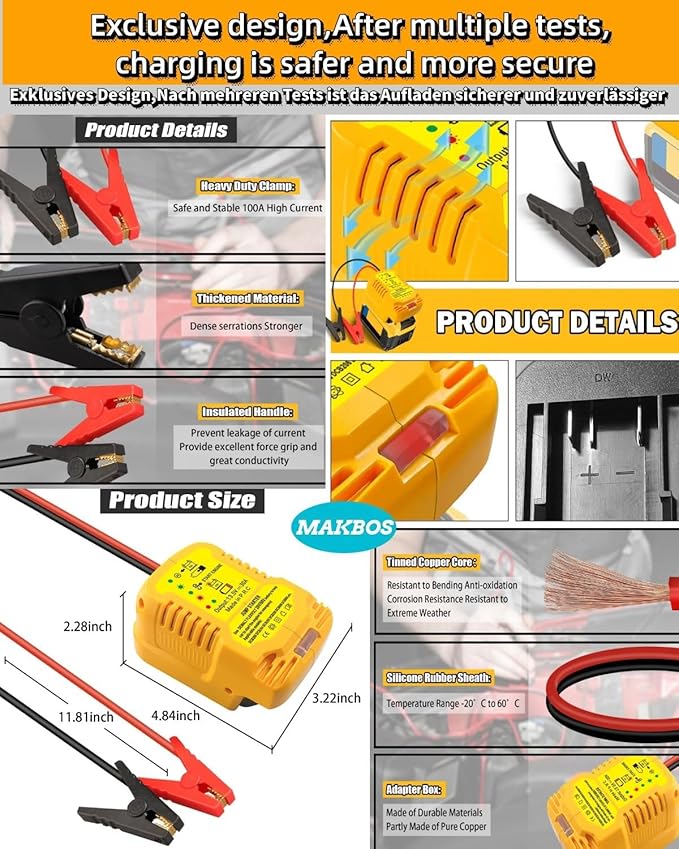 Jumper Starter Adapter for DeWalt 20V 60V Battery Car Jump Cables,Up to 3.5L Gas or 6.5L Diesel Engines,12V Portable Car Jump Starter,Automotive Booster Cable Adapter(Battery not Included)