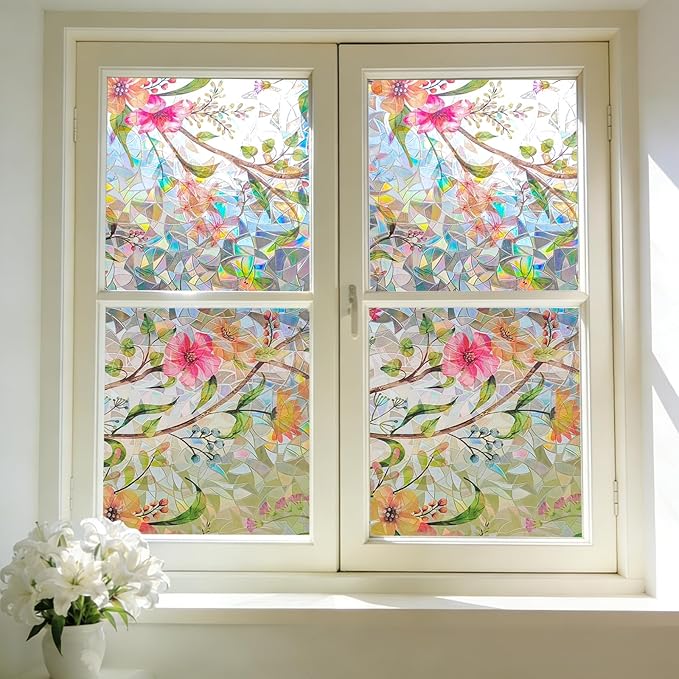 Hilarious Stained Glass Window Film Rainbow Floral Static Cling Window Film Flower Window Privacy Film No Glue Decorative Window Cling UV Blocking Heat Control Glass Windows Stickers 47.25'' x 118''