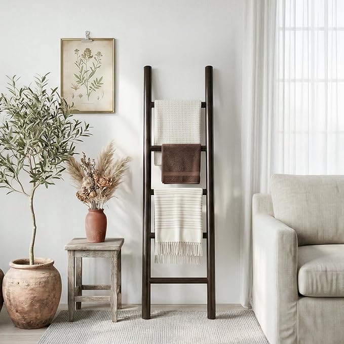 Wooden Blanket Ladder - 57in Natural & Motley Wood - Leaning Wall Decor for Bedroom, Bathroom, Living Room - Rustic Quilt Hol