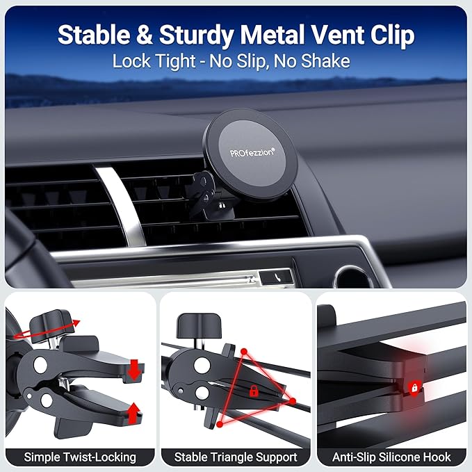 PROfezzion 2-Pack Compatible with MagSafe Car Vent Mount, Magnetic Car Vent Holder for iPhone 17 16 15 14 13 12 Pro Max Plus, Mag-Safe Case & All Phones [Metal Vent Clip & Easily Install]