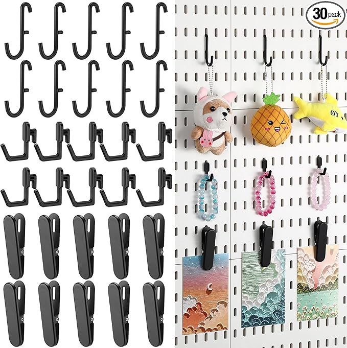 Kathfly 30pcs Pegboard Accessories 10 Clips 20 Hooks, Peg Board Accessory Kit for Wall Organizer Compatible with IKEA Skadis 