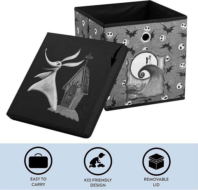 The Nightmare Before Christmas Collapsible Storage Cube with Removable Lid,10"x10"x10" Fabric Organizer Bin for Essentials