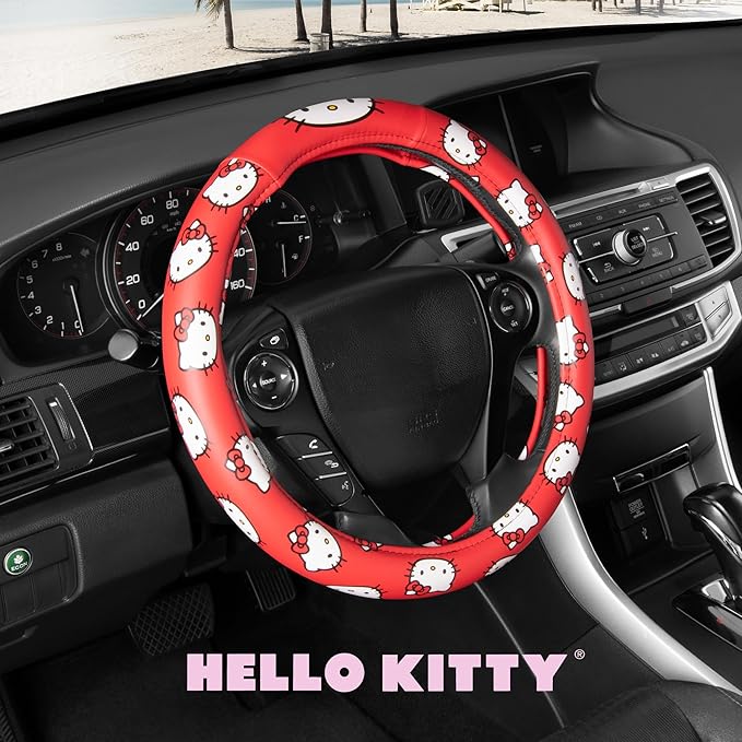 Hello Kitty Steering Wheel Cover by Sanrio, Universal Fit 14.5-15 Inch, Cute Red Car Accessories for Women, Soft Anti-Slip Grip Auto Protector