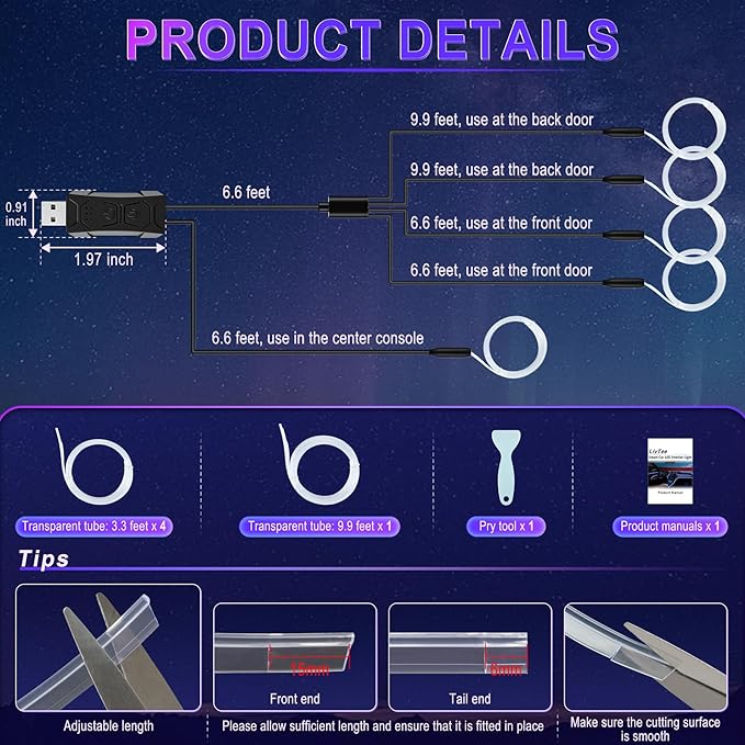 LivTee Smart Car LED Interior Lights with USB Port, LED Strip Fiber Optic Lights, Wireless App Control, Sync to Music, Car Accessories Gifts for Women and Men, 5 in 1