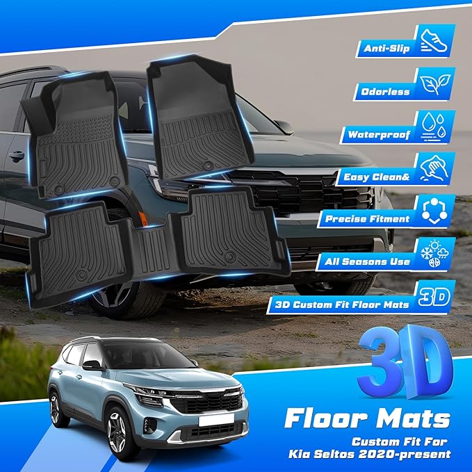 Sunsdrew Floor Mats for 2021-2026 Kia Seltos Accessories, All Weather Floor Liners 1st & 2nd Row Car Mats TPE Rubber Raised Edge