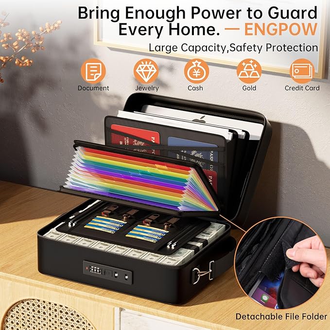 ENGPOW Fireproof Document Box with Lock, Fireproof Water Resistant Hard Case File Organizer Safe Box with Multi Pockets, Prot