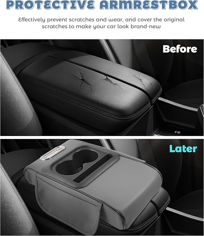 Car Armrest Storage Box,Car Accessories Console Organizers and Storage,Universal Waterproof Leather Console Cover with Cup Holder and Phone Holder,Suitable for Most Cars (Normal, Gray)