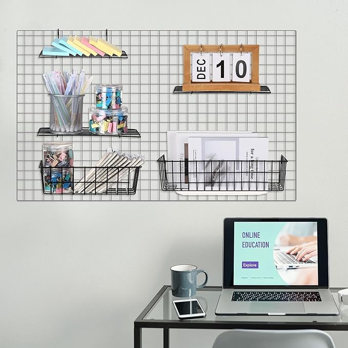 Yaocom 9 Pcs Grid Wall Shelves Gridwall Accessories Wall Grid Panel Hanging Basket with Hooks Set Includes 3 Basket 3 Wire St